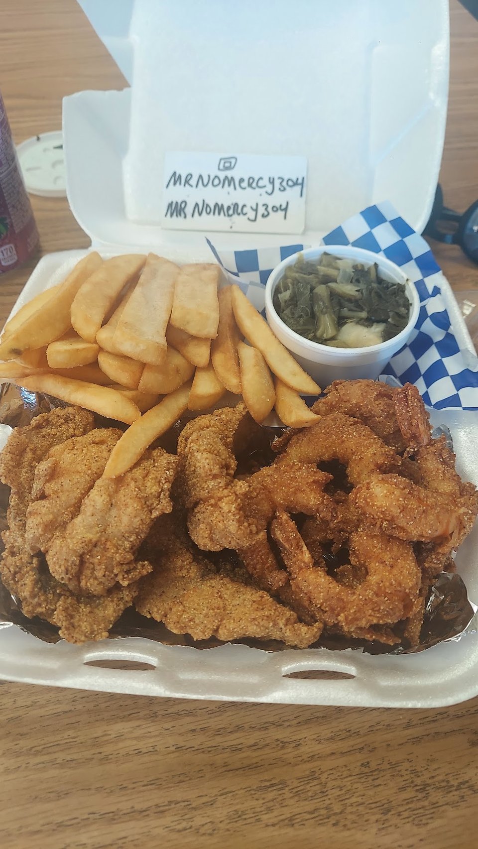 Seafood menu listing fried and grilled options.